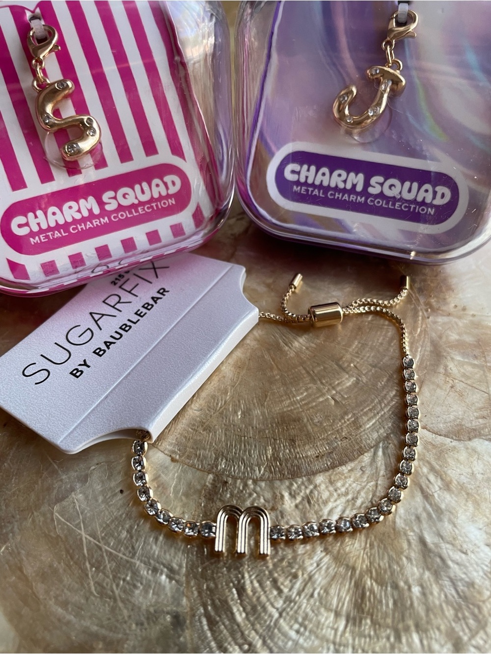 Sparkly NWOT bundle BaubleBar Initial Bracelet “M” & additional charms “J” & “S”